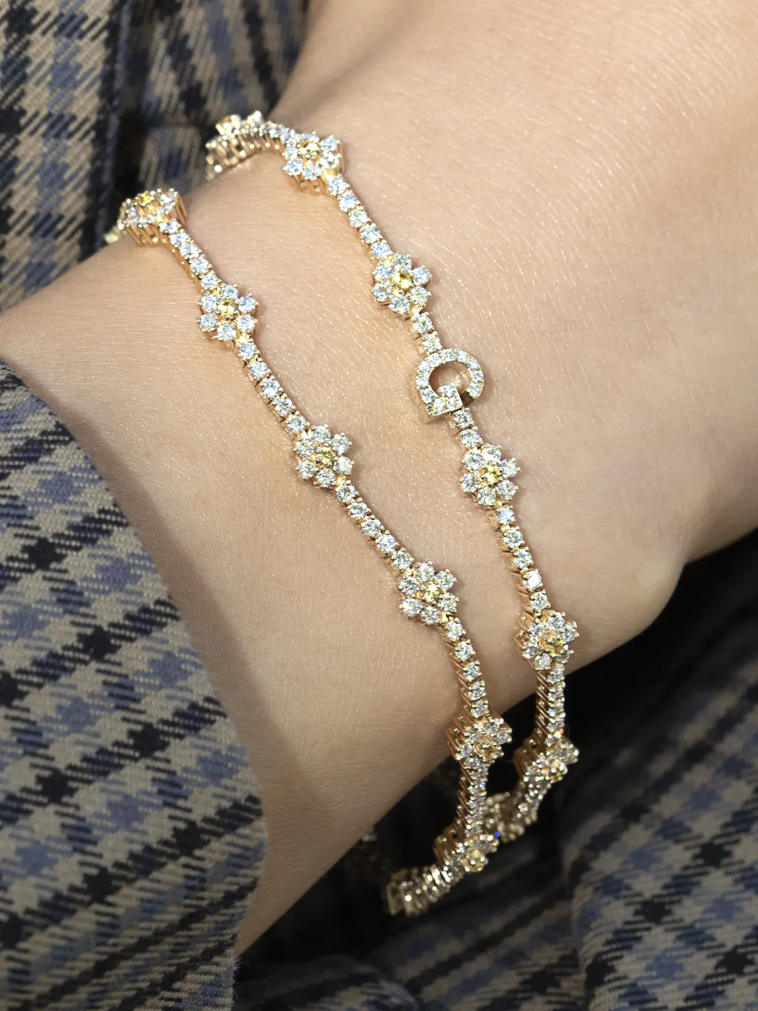 Personalized Diamond Flower Tennis Bracelet - White Diamond and Yellow Sapphire / 14k Yellow Gold