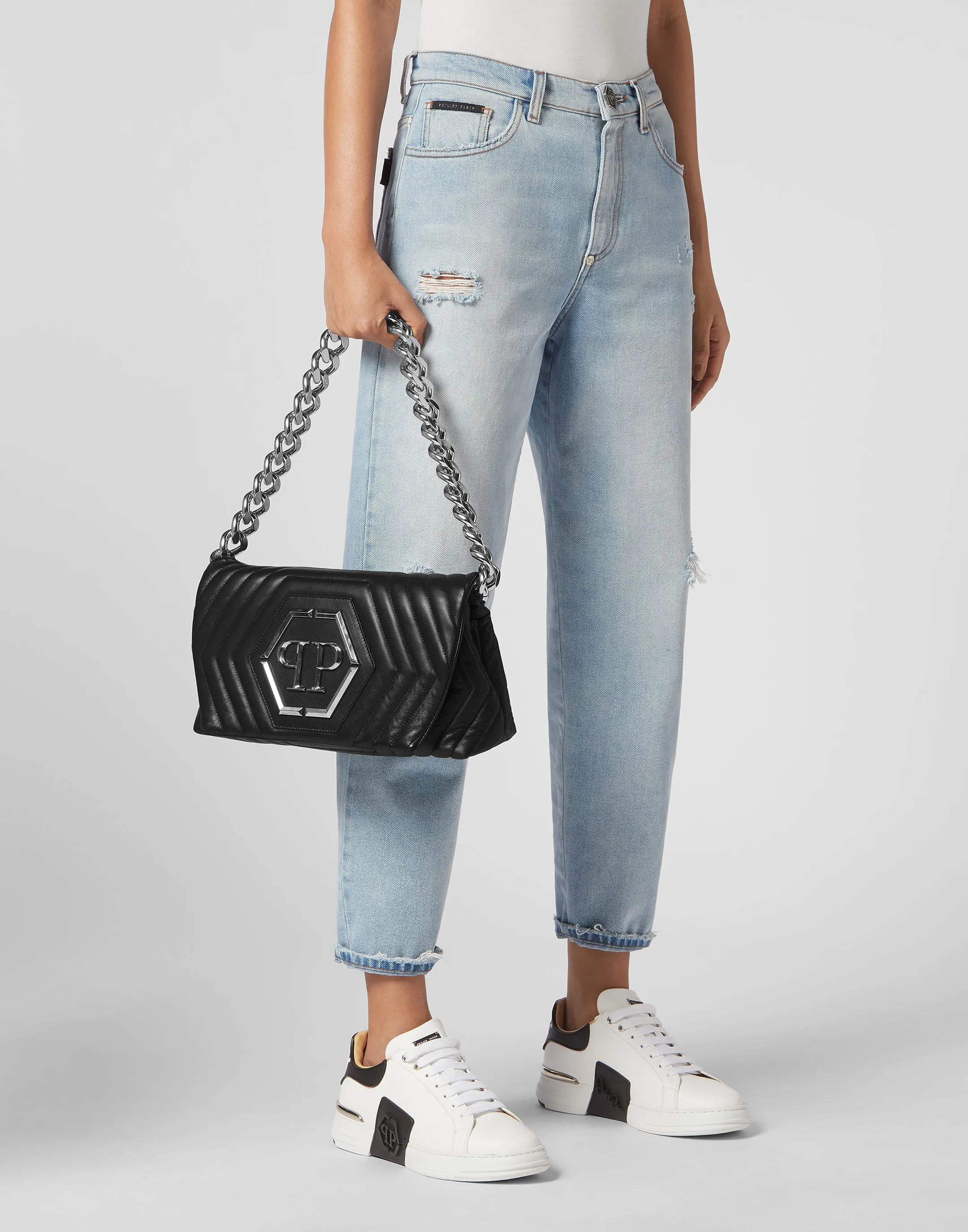 PHILIPP PLEIN Small Nappa Matellase` Shoulder Bag Hexagon