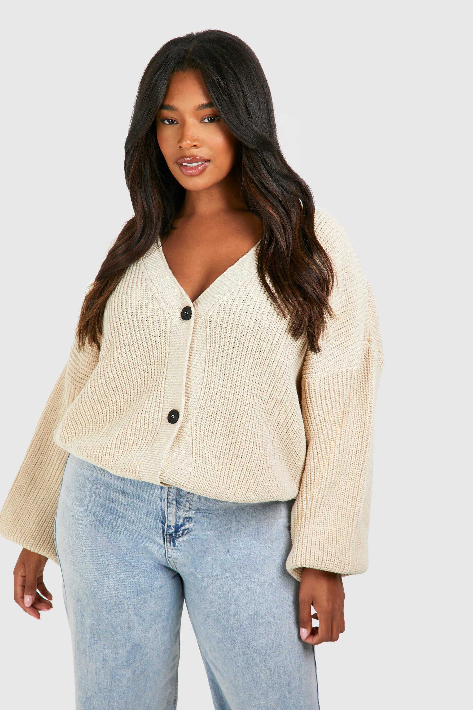 Plus Balloon Sleeve Button Through Rib Cardigan
