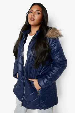 Plus Faux Fur Trim High Shine Puffer Jacket