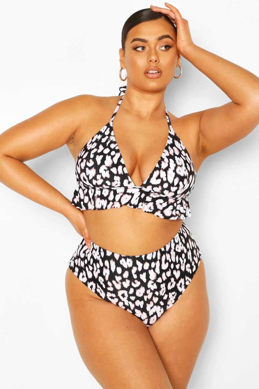 Plus Leopard Ruffle High Waisted Bikini