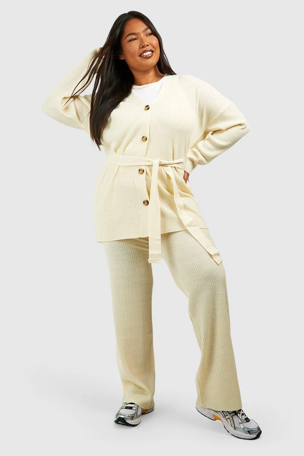 Plus Slouchy Belted Cardigan And Wide Leg Knit Set