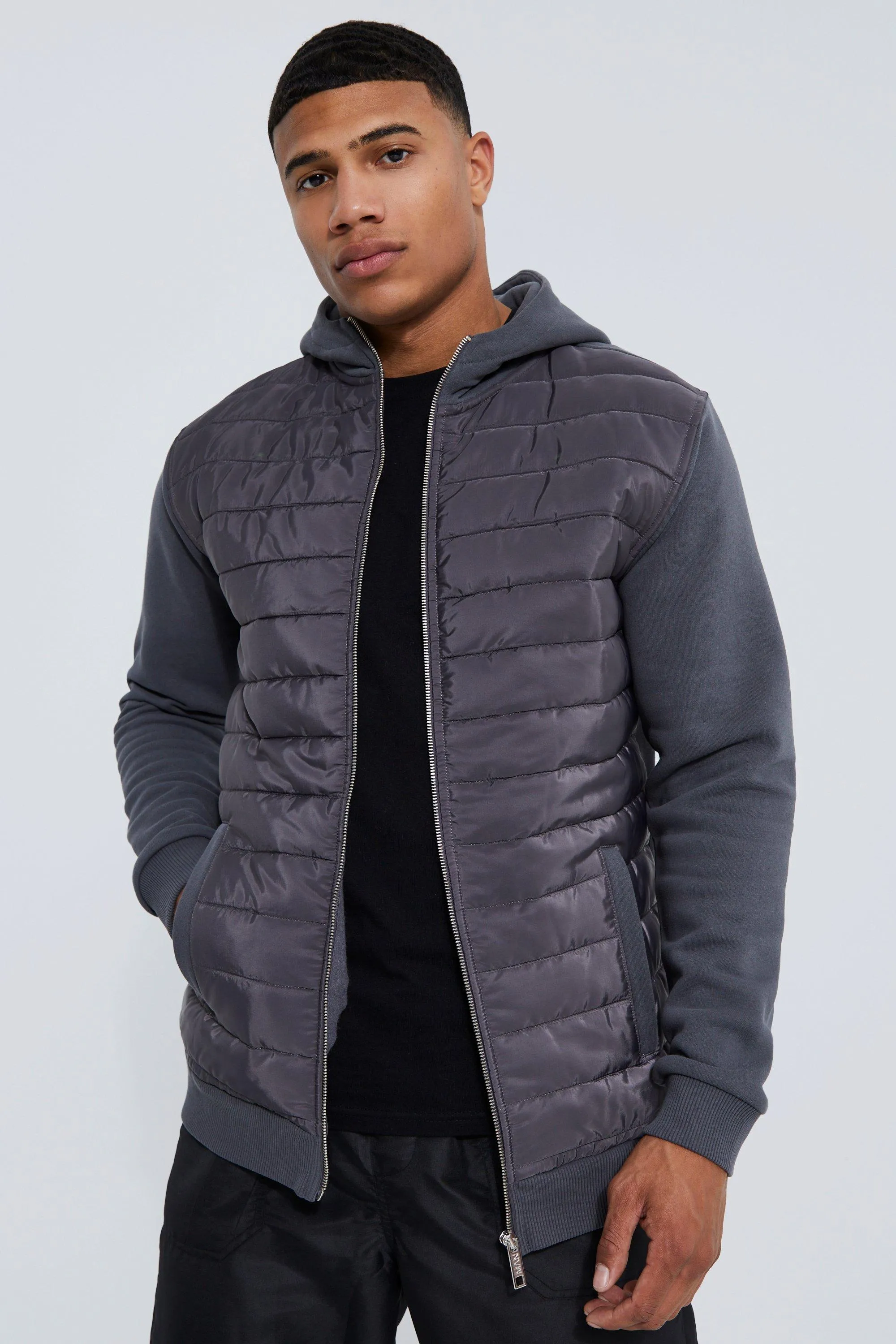 Premium Zip Through Hoodie With Quilted Panel | boohooMAN UK