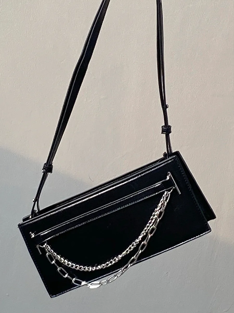 Quin Faux Leather Black Rectangular Double Chain Wide Handbag