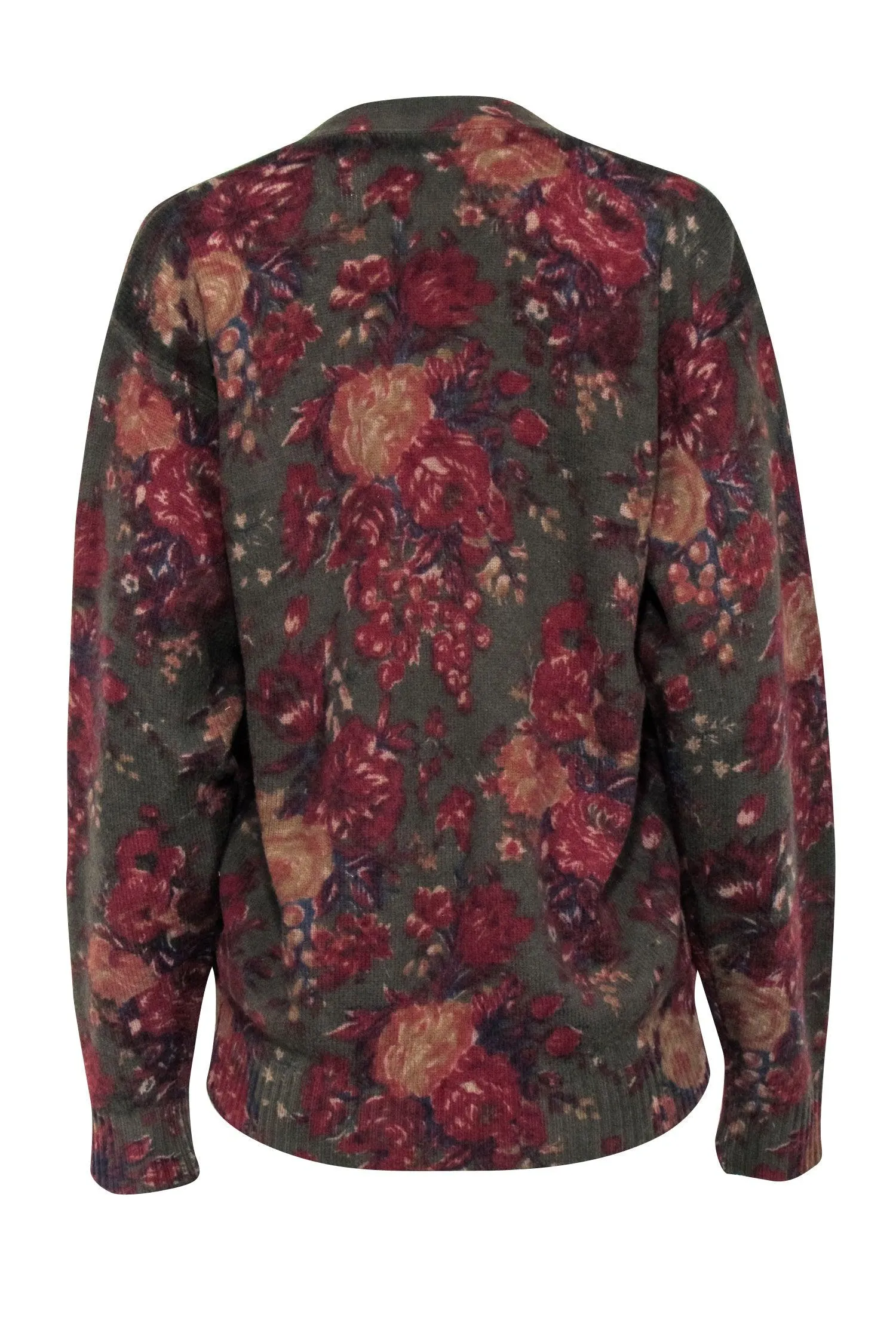 Ralph Lauren - Olive w/ Red Floral Print Wool Cardigan Sz L