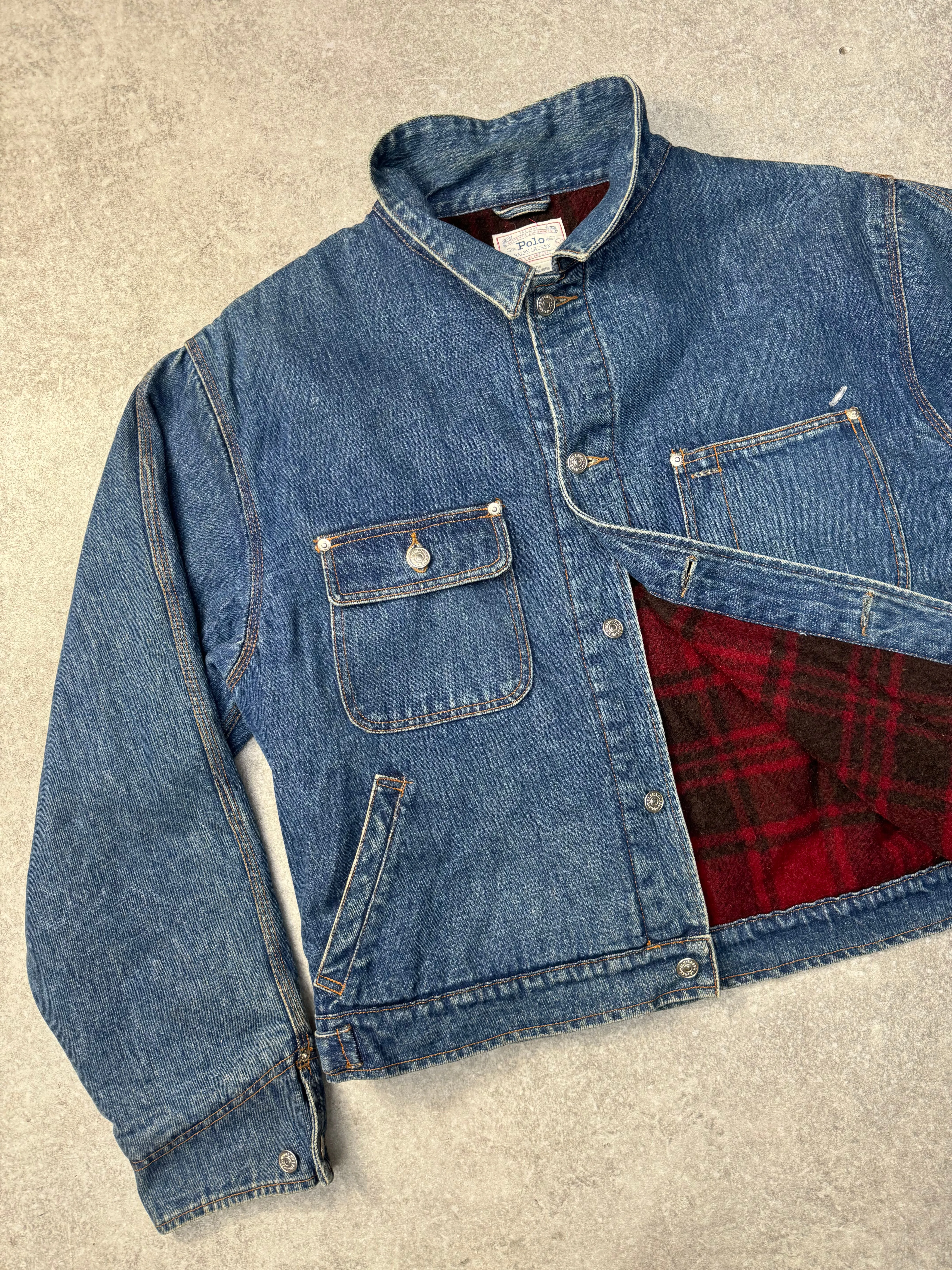 Ralph Lauren Wool Tartan Lined Pocket Detail Distressed Denim Jacket