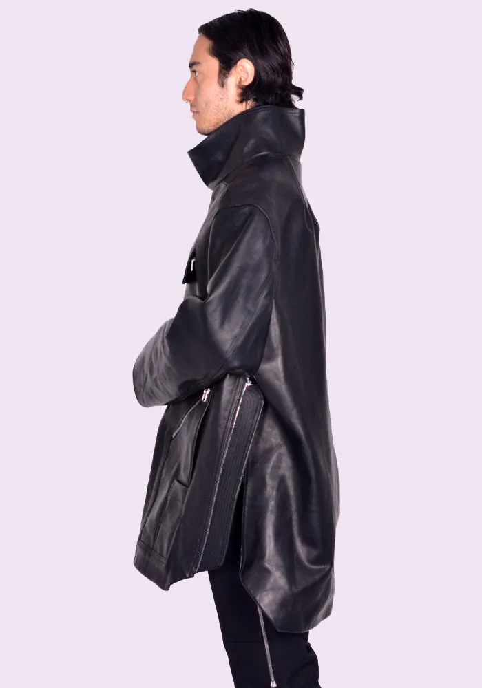 RICK OWENS MEN RR02D6910 LOO MOUNTAINEERING SMOCK LEATHER JACKET BLACK (New Season FW24)