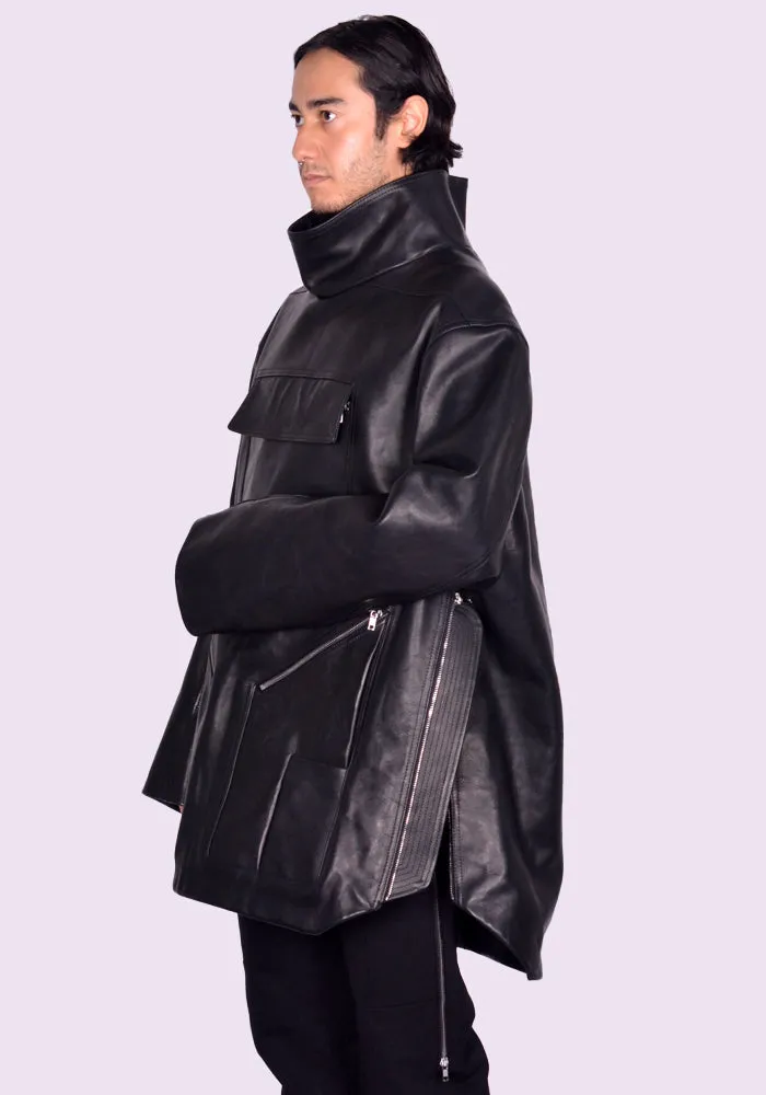 RICK OWENS MEN RR02D6910 LOO MOUNTAINEERING SMOCK LEATHER JACKET BLACK (New Season FW24)