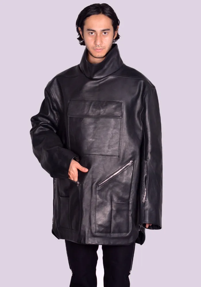 RICK OWENS MEN RR02D6910 LOO MOUNTAINEERING SMOCK LEATHER JACKET BLACK (New Season FW24)