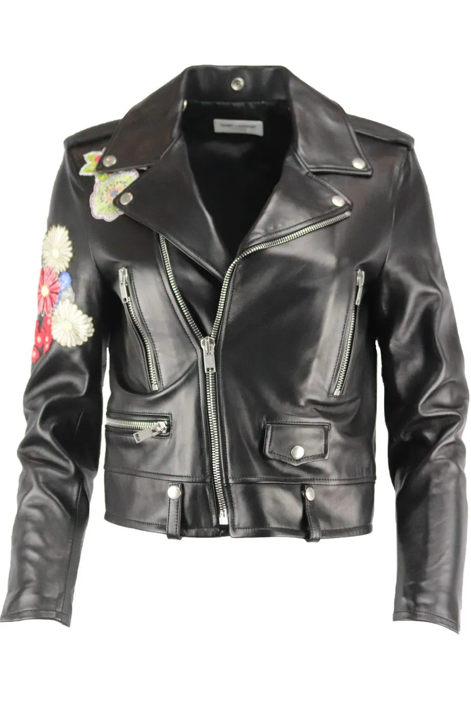 SAINT LAURENT APPLIQUD LEATHER BIKER JACKET FR 40 UK 12