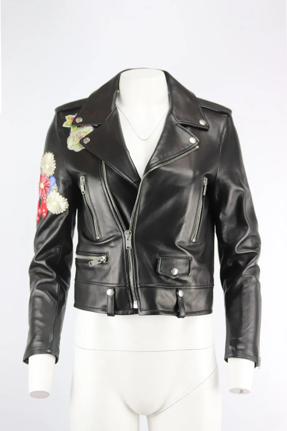 SAINT LAURENT APPLIQUD LEATHER BIKER JACKET FR 40 UK 12