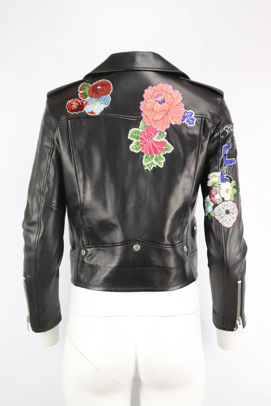 SAINT LAURENT APPLIQUD LEATHER BIKER JACKET FR 40 UK 12