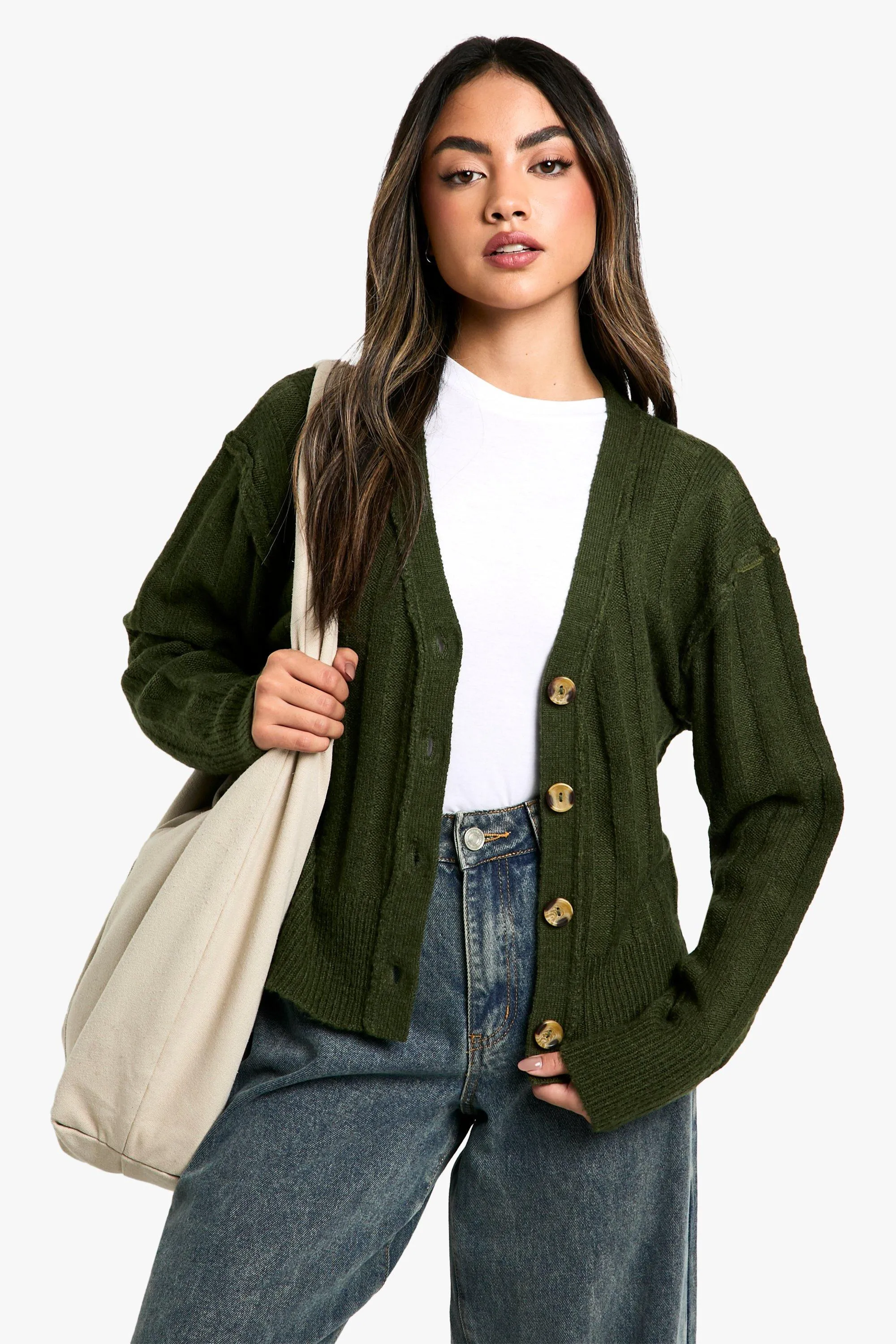 Seam Detail Soft Rib Knit Boyfriend Cardigan