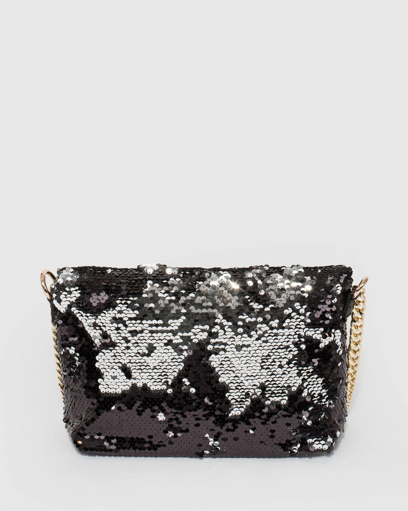 Sequin Foldover Black Clutch Bag