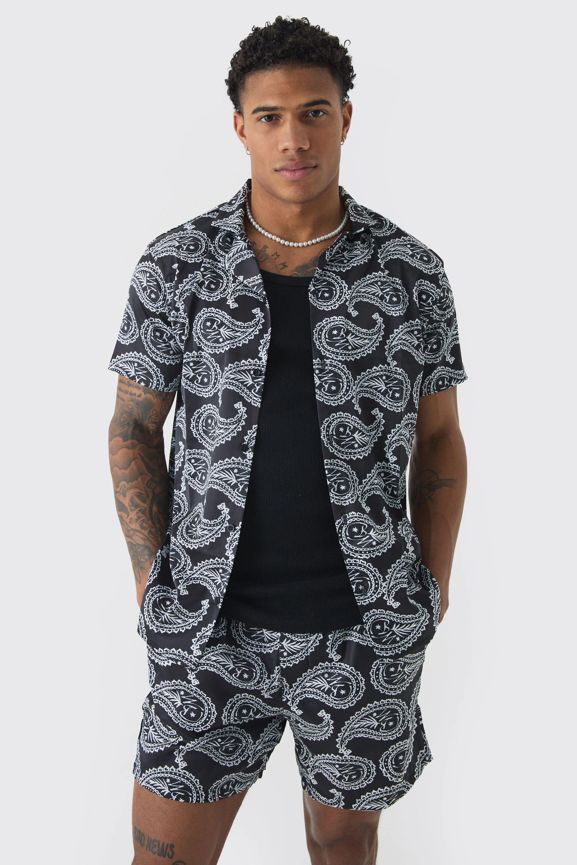 Short Sleeve Satin Mini Paisley Shirt & Short | boohooMAN UK