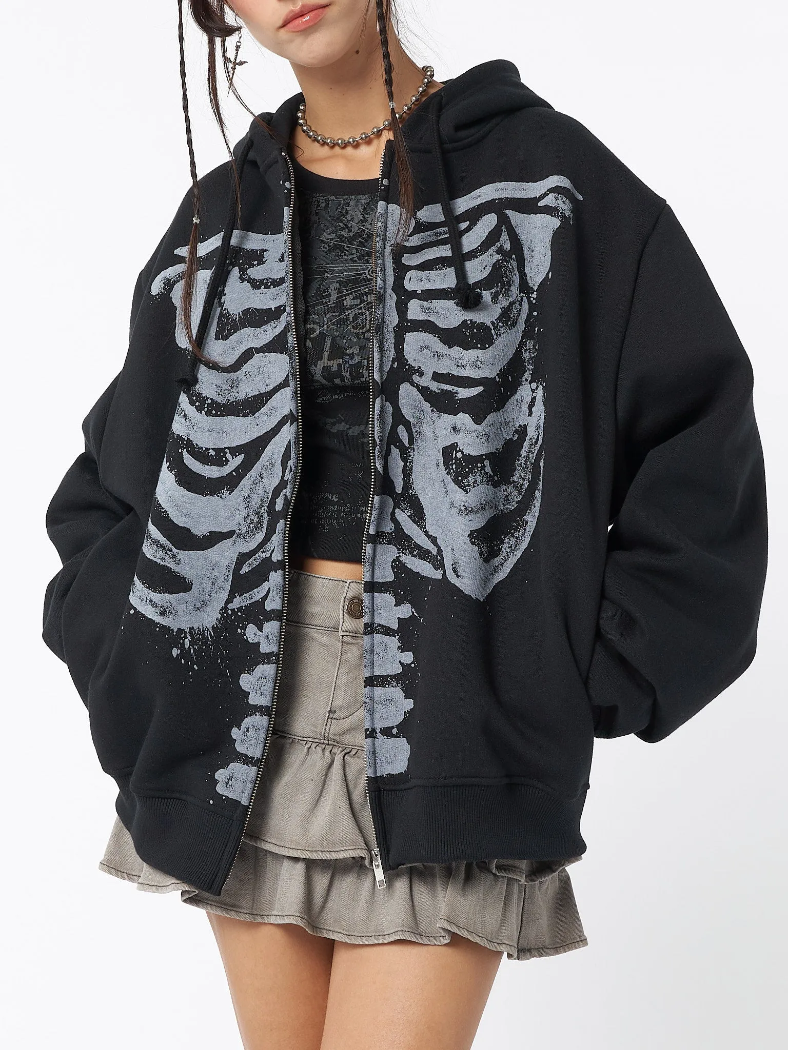 Skeleton Black Oversized Zip Up Hoodie