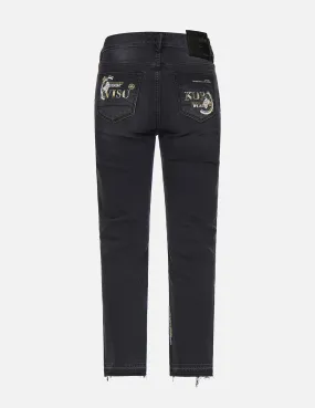 Slashed Kamon and Logo Embroidered Cropped Straight Fit Jeans