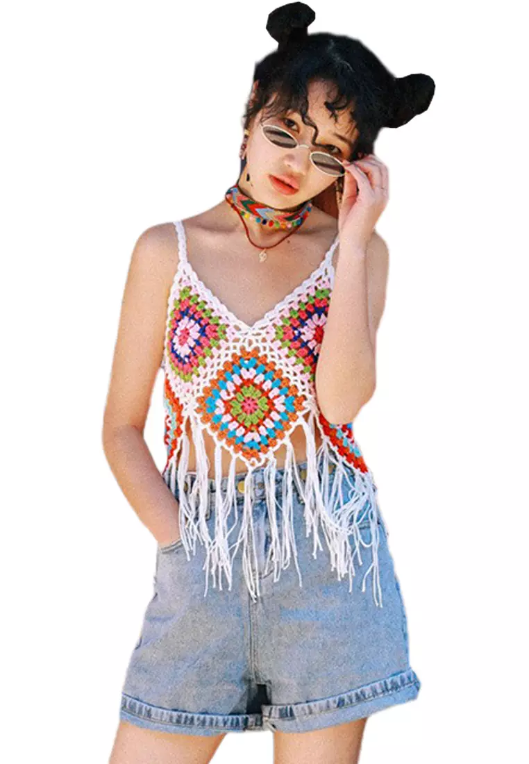 Sunnydaysweety 2024 Knitted crochet fine suspender colored ethnic style vest CA24061801MT