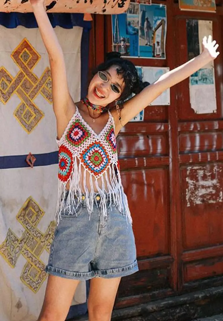 Sunnydaysweety 2024 Knitted crochet fine suspender colored ethnic style vest CA24061801MT