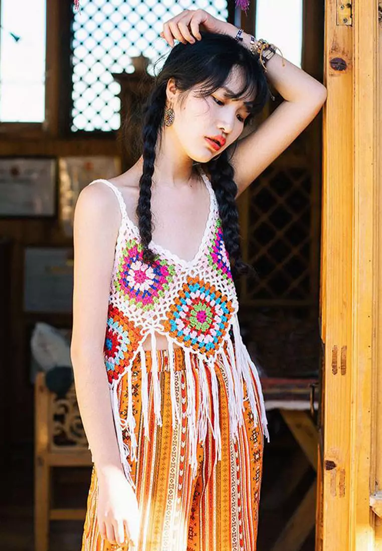 Sunnydaysweety 2024 Knitted crochet fine suspender colored ethnic style vest CA24061801MT