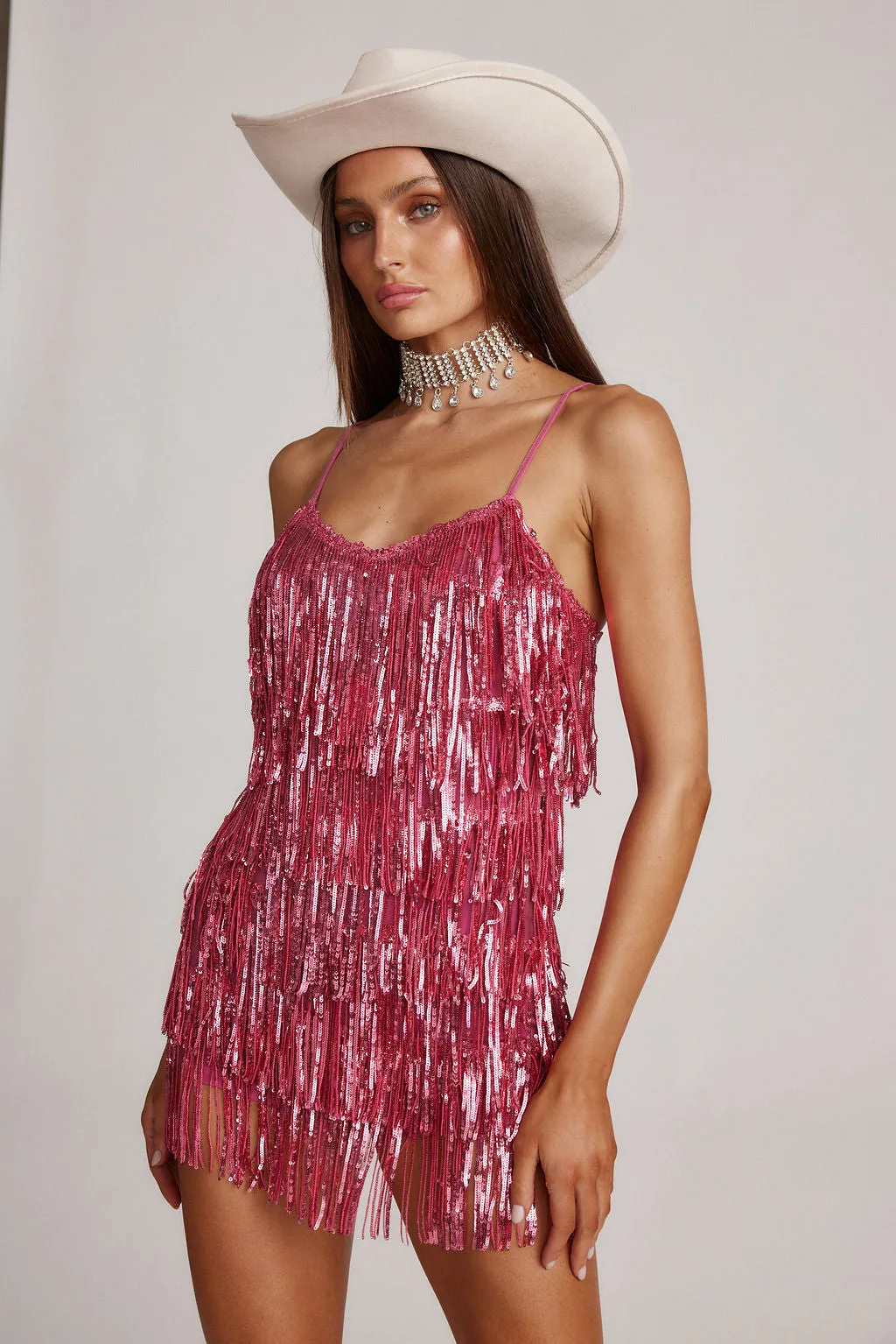 Talia Pink Sequin Fringe Romper