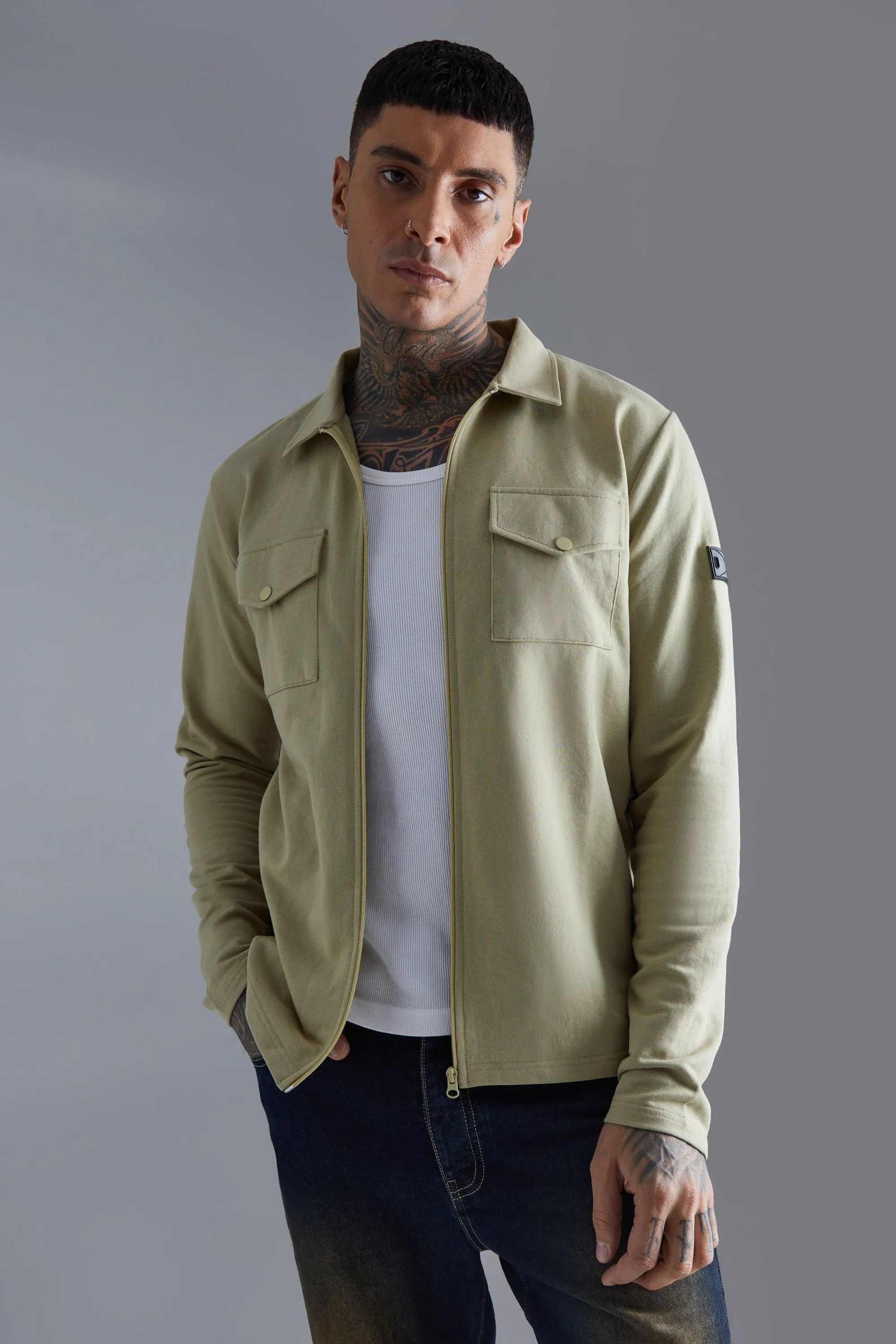 Tall Jersey Utility Man Tab Harrington Jacket | boohooMAN UK