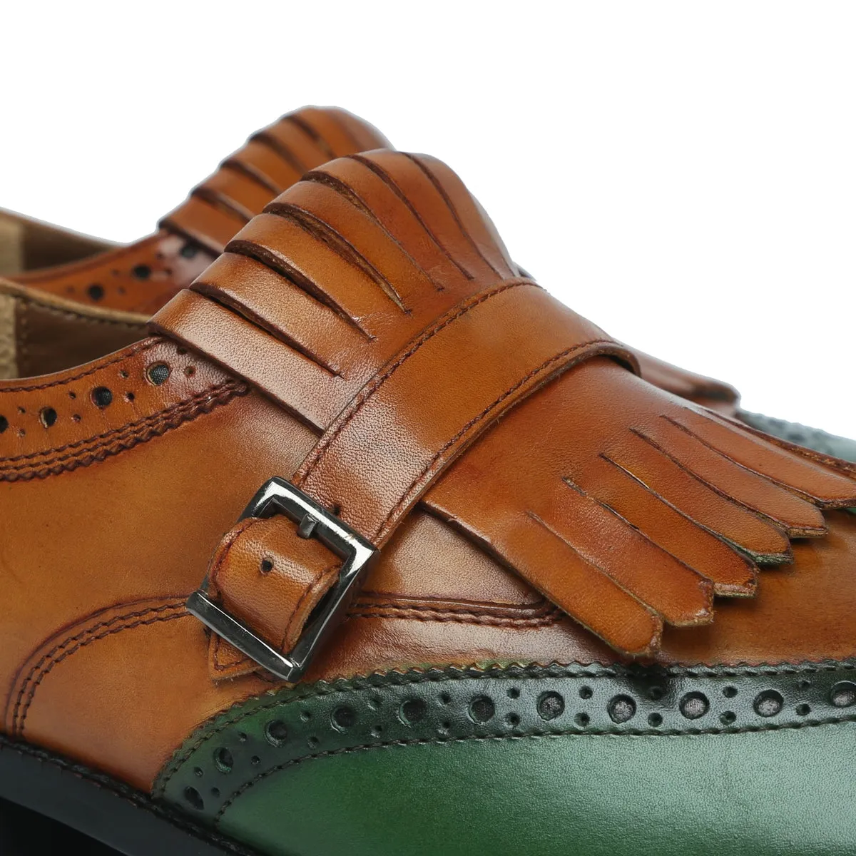 Tan/Green Leather Fringed Single Monk Strap Shoes by Brune & Bareskin