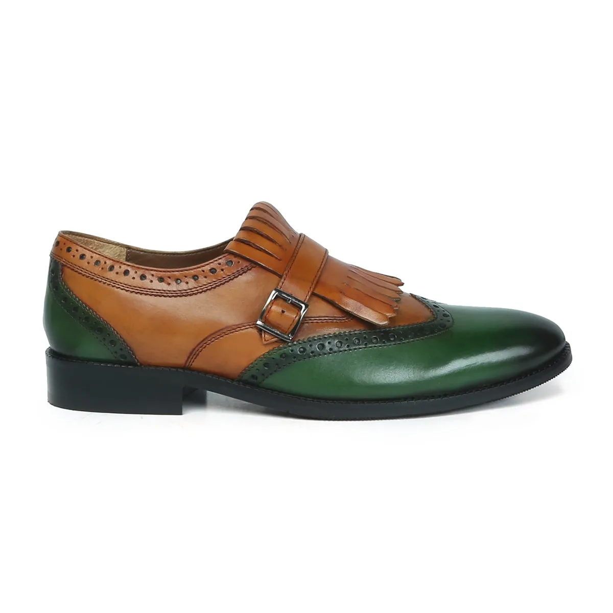 Tan/Green Leather Fringed Single Monk Strap Shoes by Brune & Bareskin