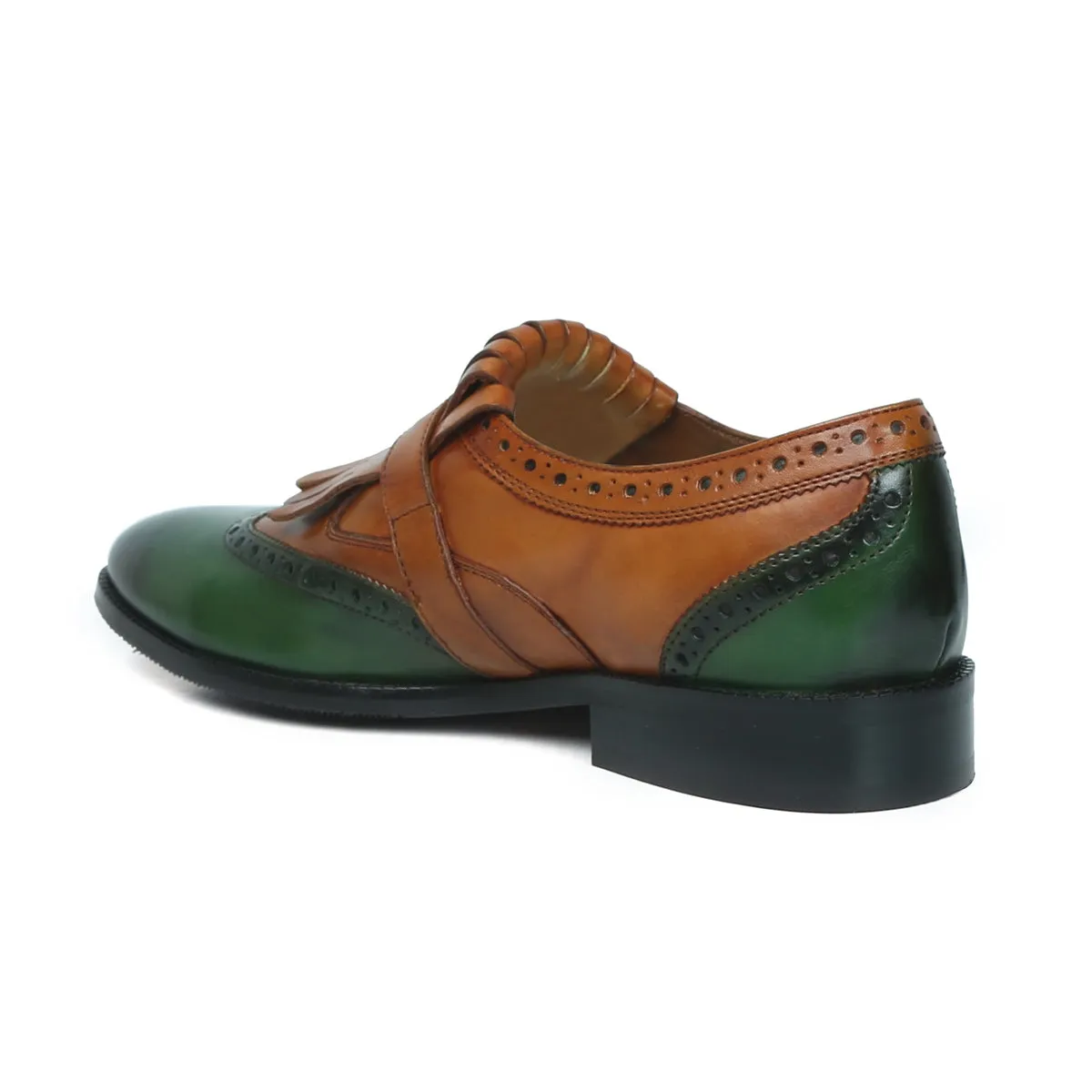 Tan/Green Leather Fringed Single Monk Strap Shoes by Brune & Bareskin