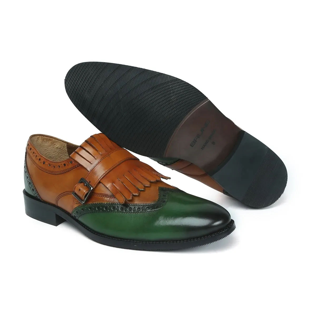 Tan/Green Leather Fringed Single Monk Strap Shoes by Brune & Bareskin