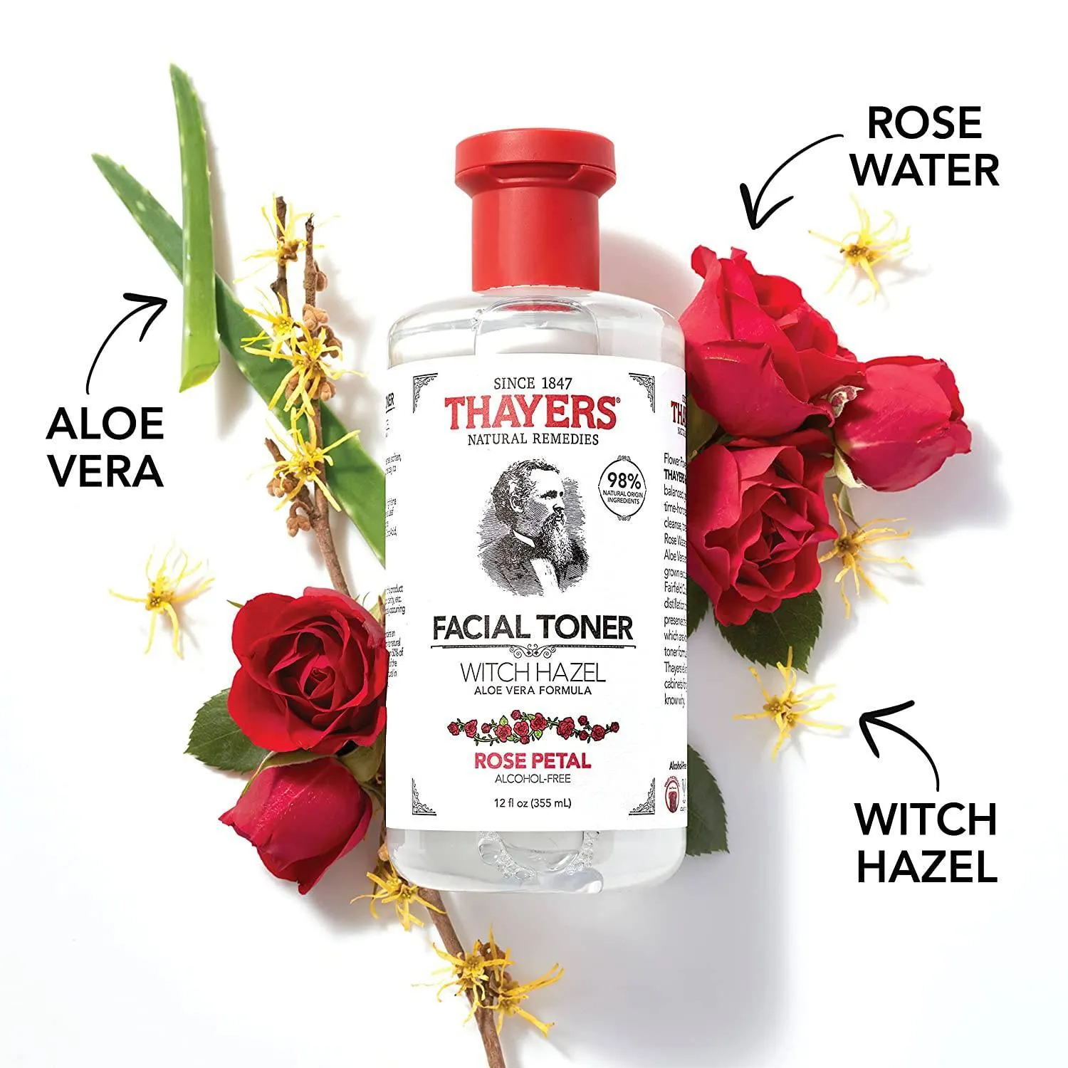 THAYERS Alcohol-Free Rose Petal Witch Hazel Facial Toner with Aloe Vera Formula, 12 Ounce Rose Petal 12 Fl Oz