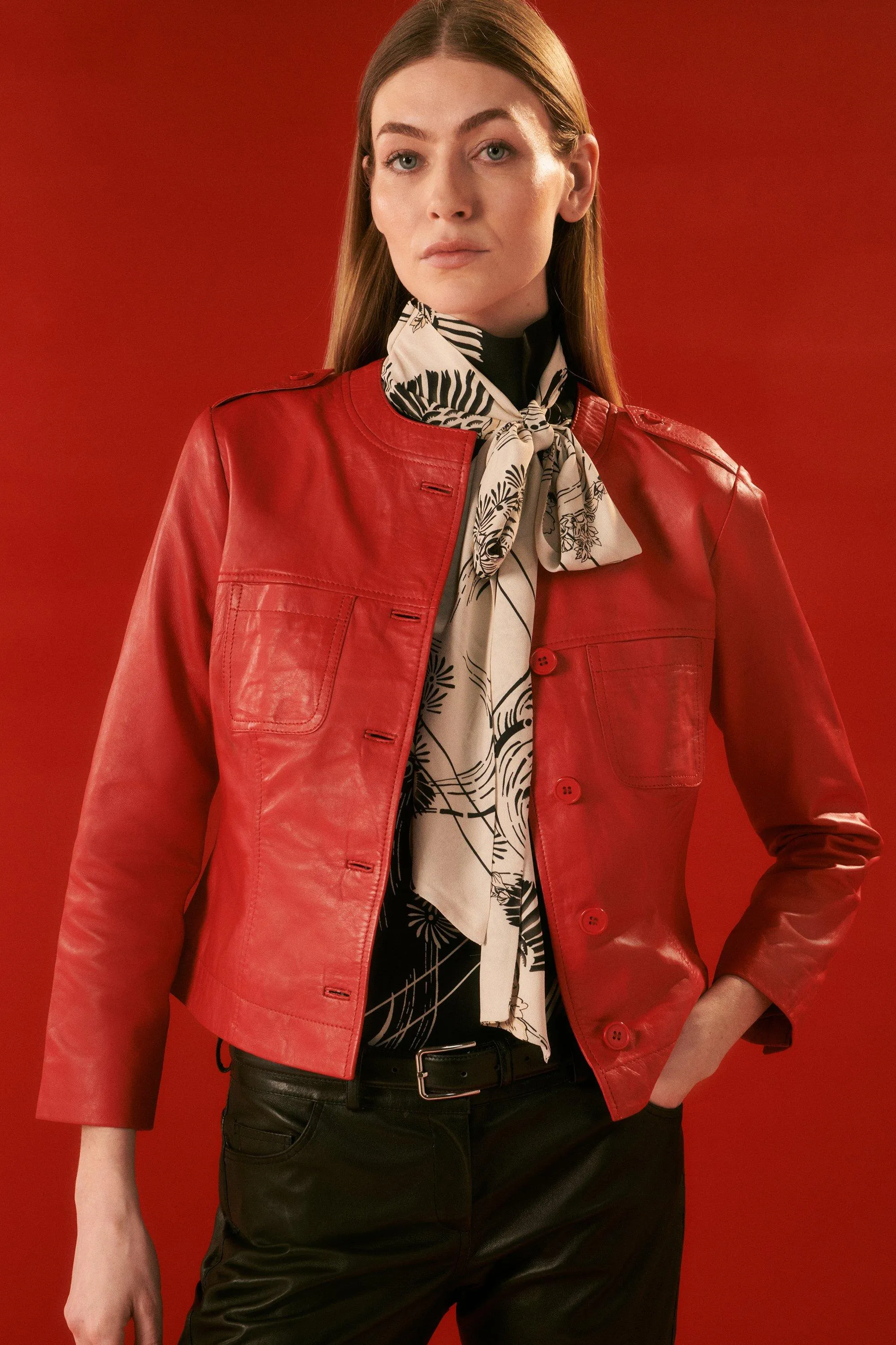 The Founder Leather Washed Button Through Collarless Jacket | Karen Millen