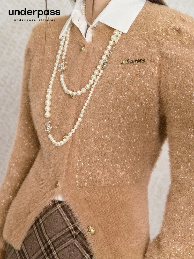 Underpass original design two-color wealthy daughter leg-of-mutton sleeve knitted cardigan top waisted sweater jacket