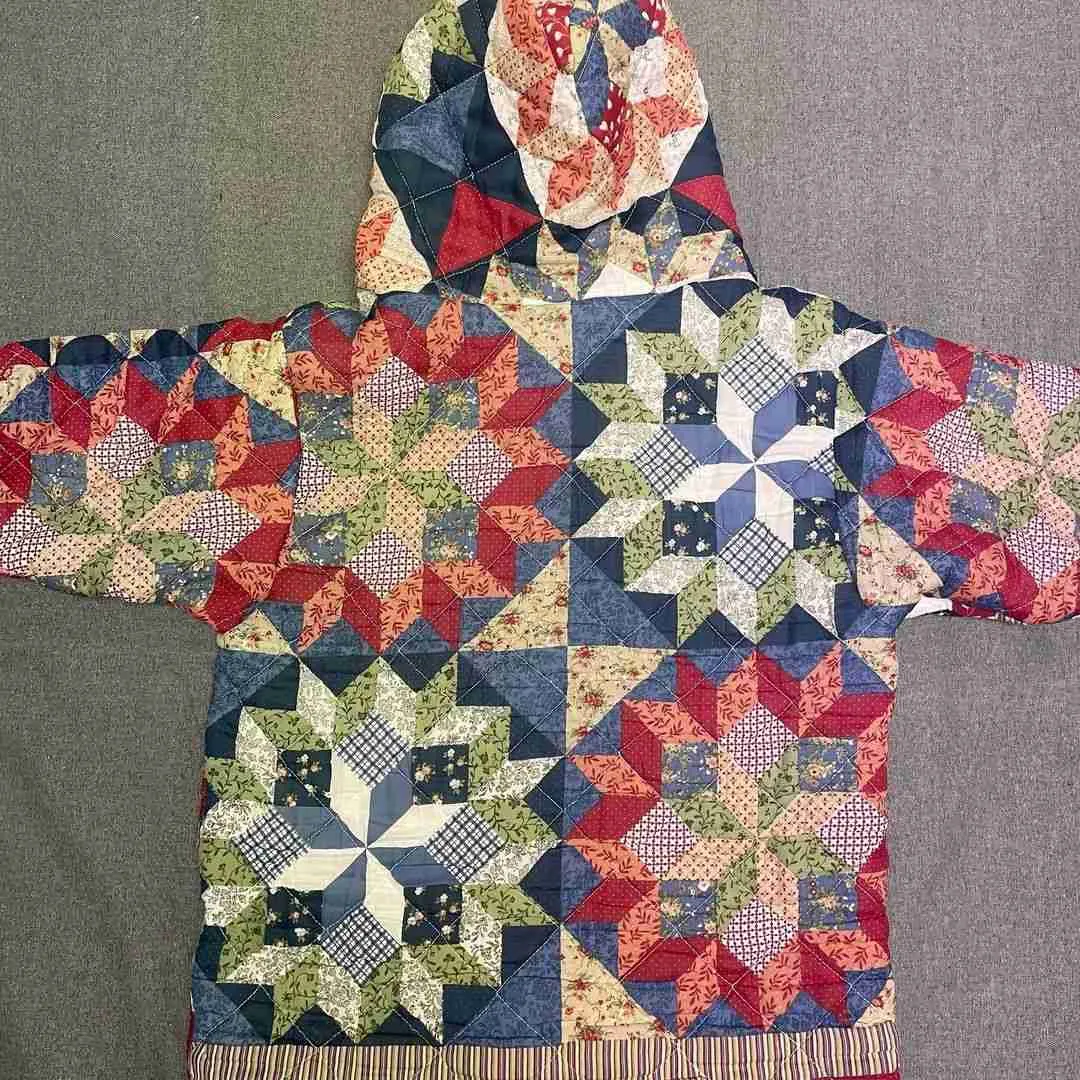 Unique grandma quilt print upcycled hoodie - size medium