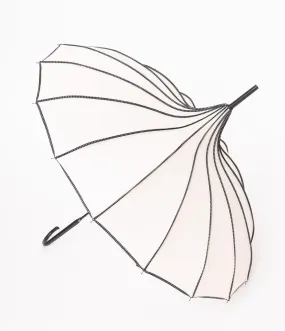 Unique Vintage Ivory & Black Polka Dot Princess Pagoda Umbrella