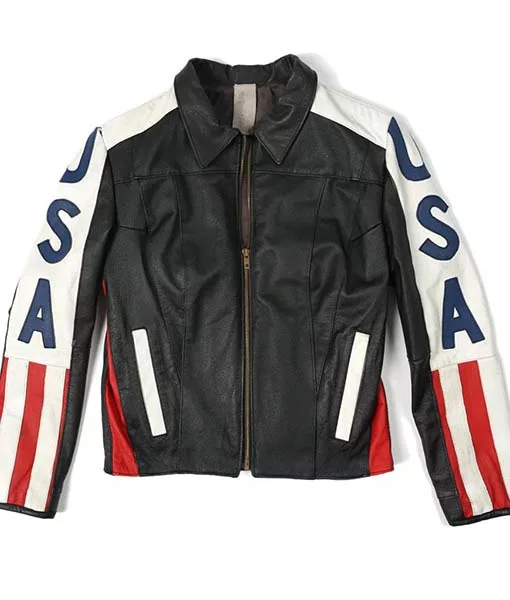 USA American Flag Selena Gomez Black Leather Jacket | TLC