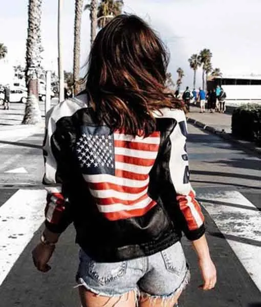 USA American Flag Selena Gomez Black Leather Jacket | TLC