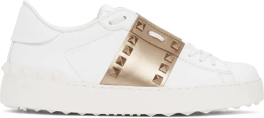 Valentino Garavani White & Bronze Rockstud Open Sneakers