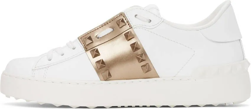 Valentino Garavani White & Bronze Rockstud Open Sneakers