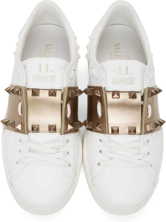 Valentino Garavani White & Bronze Rockstud Open Sneakers