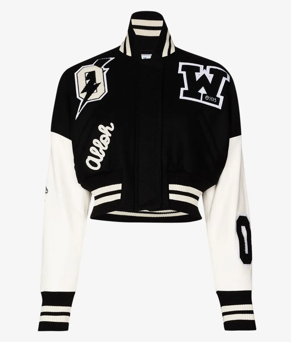 Varsity Off White Cropped Black and White Jacket