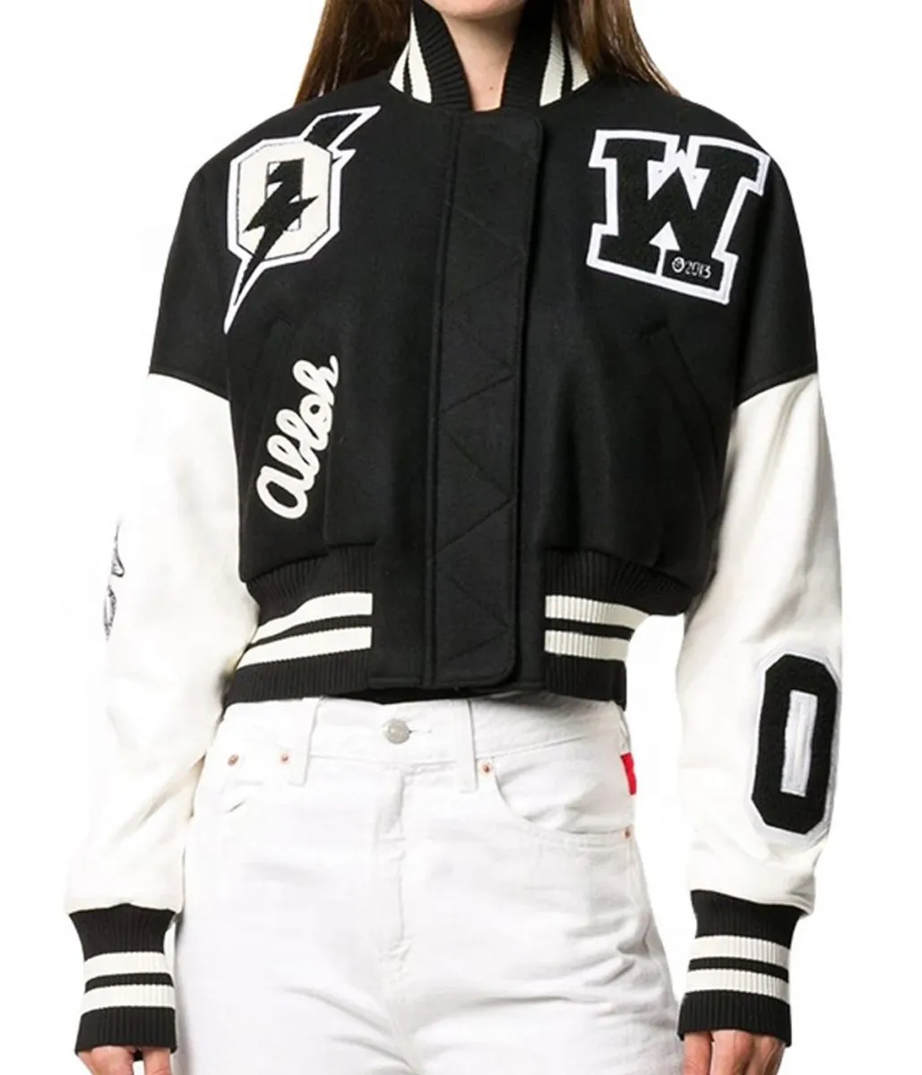 Varsity Off White Cropped Black and White Jacket