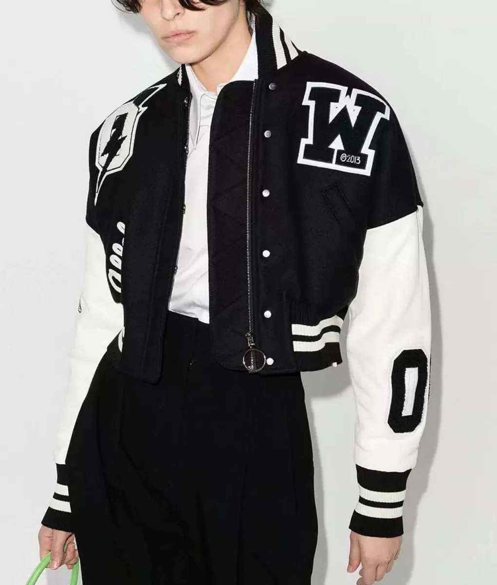 Varsity Off White Cropped Black and White Jacket