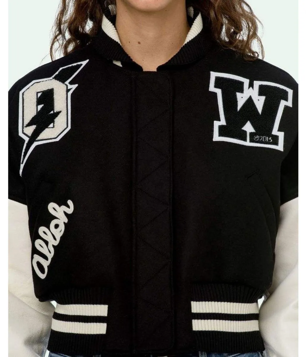 Varsity Off White Cropped Black and White Jacket