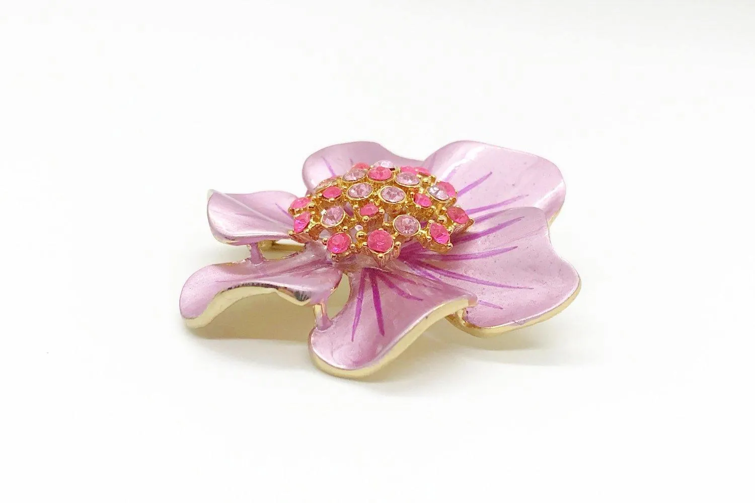 Vintage 1960's Enameled Pink Floral Rhinestone Brooch