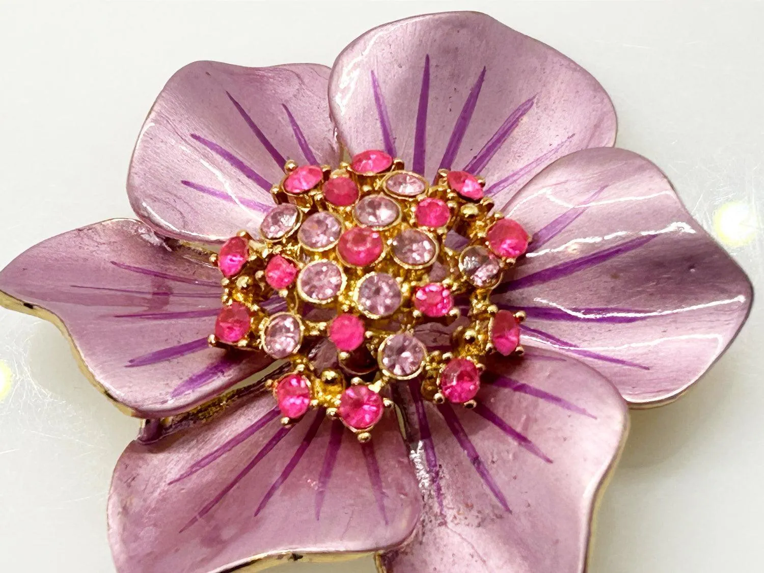 Vintage 1960's Enameled Pink Floral Rhinestone Brooch