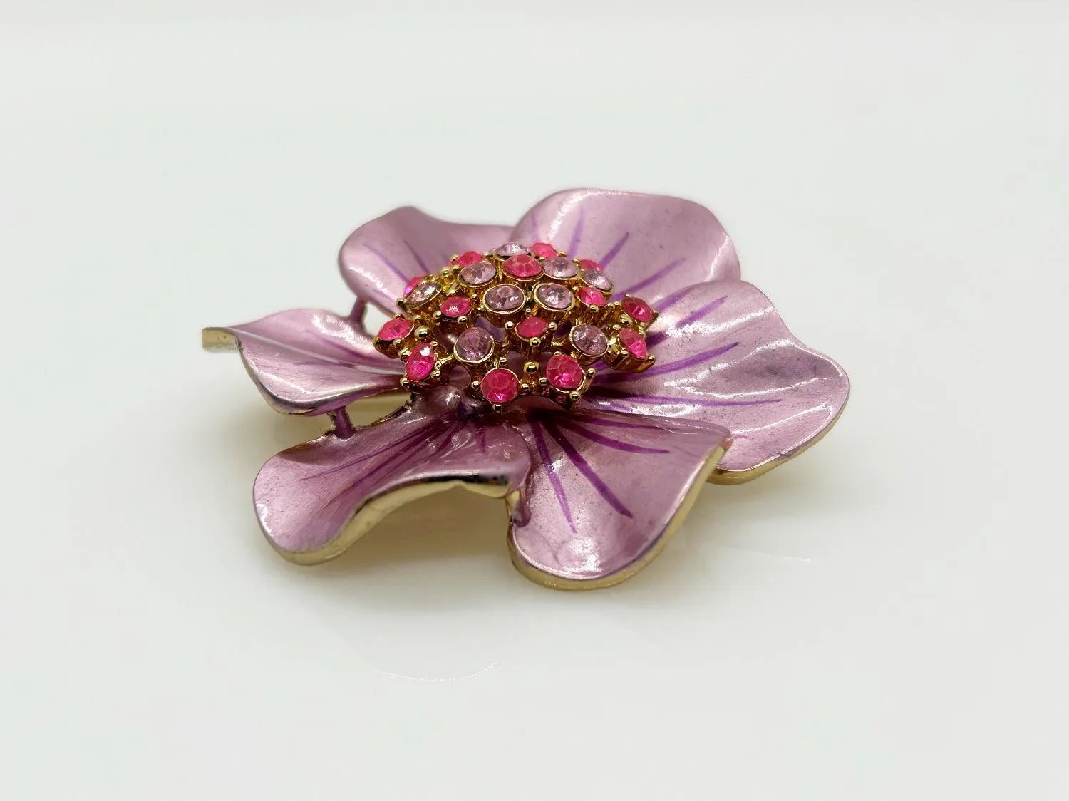 Vintage 1960's Enameled Pink Floral Rhinestone Brooch