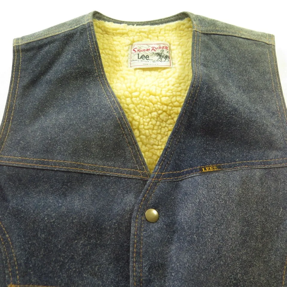 Vintage 80s Lee Storm Rider Suede Vest Medium Leather Sherpa Blue