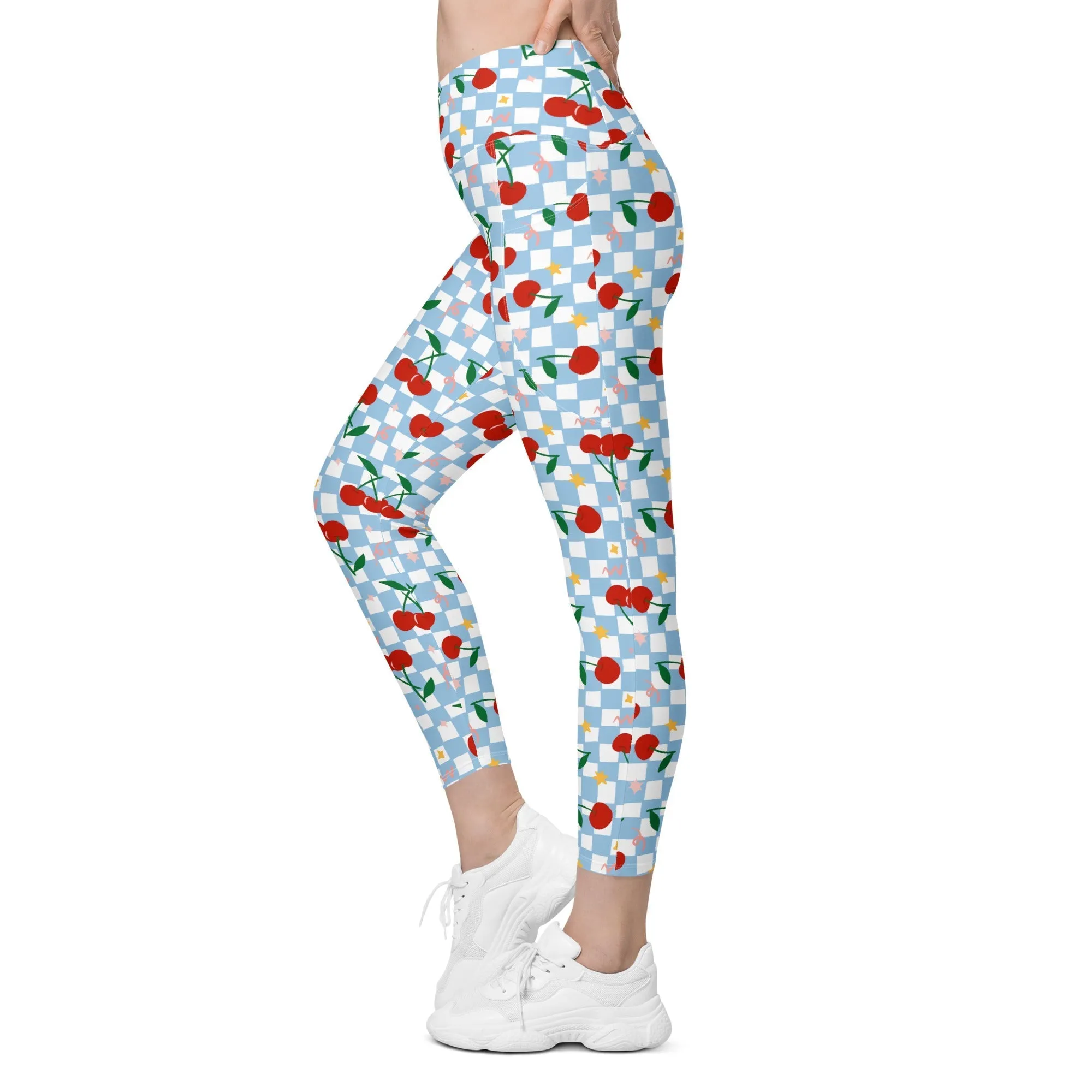 Vintage Cherry Checkered Crossover Leggings With Pockets