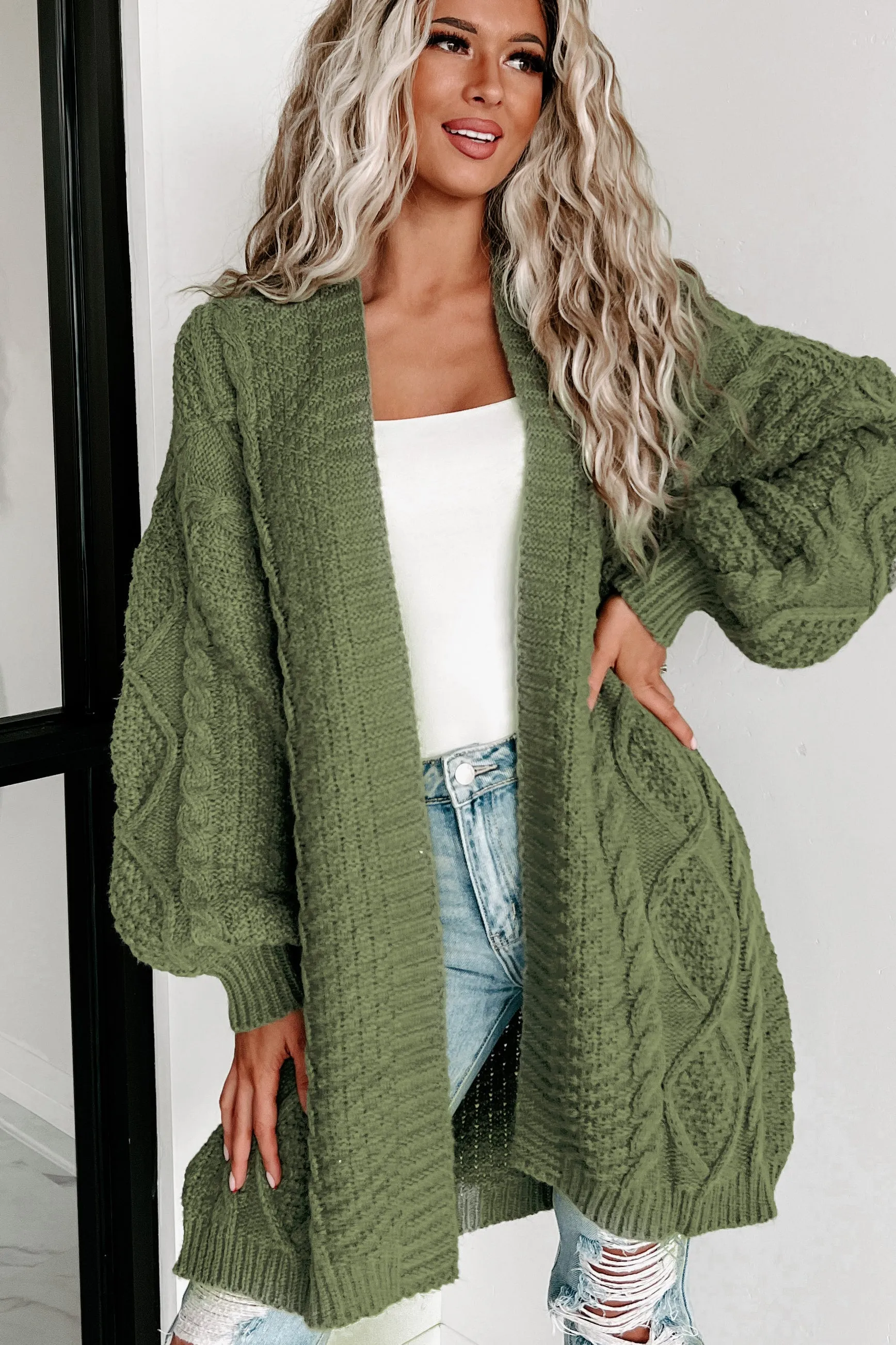 What You Need Open Front Knit Cardigan (Olive)